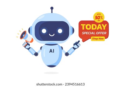 AI robot holds megaphone to communicate a discount promotion to customers,banner for promote sale and offer.TODAY SPECIAL OFFER.Artificial Intelligence for marketing concept,Vector illustration.