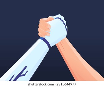 AI Robot and Human Competition Arm Wrestling or Collaboration Vector Illustration Concept Machine Capability and Human Challenge