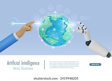 AI robot and human hand touching digital world with global network connecting technology. Artificial intelligence, machine learning and big data in futuristic. 3D vector rendering, not AI generated.