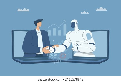 Ai robot and human shaking hands, Online collaboration between humans and artificial intelligence, Businessman and robot holding hands on laptop, Technological progress. Vector design illustration.