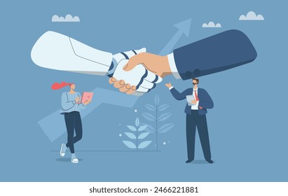 Ai robot and human shaking hands, Businessman and robot engaging in a handshake, Cooperation between business people artificial intelligence robots, Human expertise and technological progress.