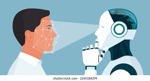 AI robot identifying a man's face and thinking, biometrics and face recognition concept