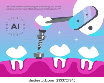AI robot installs dental implant into the oral cavity. Future technologies helps to treat teeth. Flat vector illustration.