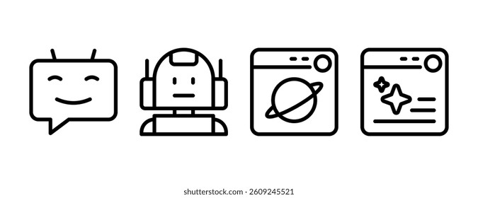 AI Robot Interface Line Icons for Chatbot Design, Space Technology Apps, and Web UI Projects