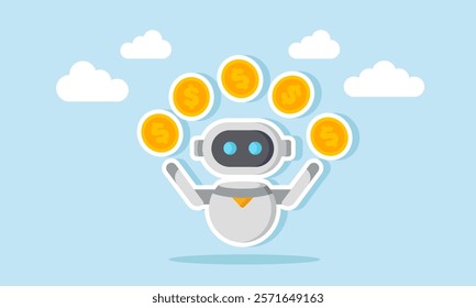 AI robot juggling several dollar coins, illustration of AI helping to increase business revenue and profit