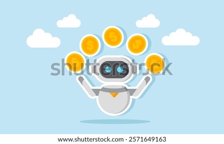 AI robot juggling several dollar coins, illustration of AI helping to increase business revenue and profit