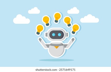 AI robot juggling several lamps, illustration of AI capable of providing multiple business idea alternatives