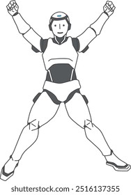 An AI robot is jumping with both hands raised. It is an illustration representing the AI era.