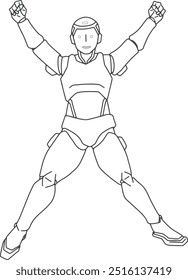 Um robô IA está pulando com as duas mãos levantadas. É uma ilustração que representa a era da IA.