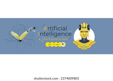 An AI robot is learning from data by analyzing a large dataset of images and text. The robot is depicted as a humanoid figure with a glowing head. It is surrounded by a cloud of data points, which rep