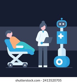 máquina de robots ai que ayuda a médicos y enfermeras con diagnóstico de paciente cirugía avanzada de tecnología en sala de medicina hospitalaria caricatura de carácter plano, banner de innovación para medicina de salud humana