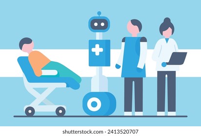 máquina de robots ai que ayuda a médicos y enfermeras con diagnóstico de paciente cirugía avanzada de tecnología en sala de medicina hospitalaria caricatura de carácter plano, banner de innovación para medicina de salud humana