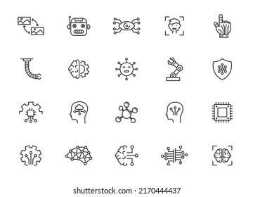 AI robot machine line icon. Artificial intelligent brain smart technology future algorythm outline vector science illustration
