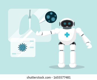  Ai Robot Makes An Analysis Of Lunges Effected By Virus. Medical Technology Future Concept. Cybernetic Doctor.Flat Vector Illustration.
