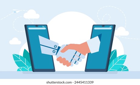 Ai robot and man shaking hands. Partnership between Businessman, humanoid robots. Handshaking. Online collaboration between human, artificial intelligence. Man chatting with bot. Vector illustration