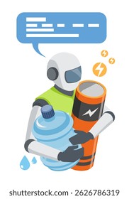 AI robot managing essential resources in a data center environment, holding battery and water container to represent energy consumption and cooling system needs for efficient performance