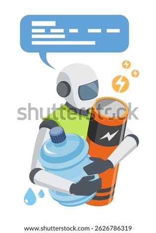 AI robot managing essential resources in a data center environment, holding battery and water container to represent energy consumption and cooling system needs for efficient performance