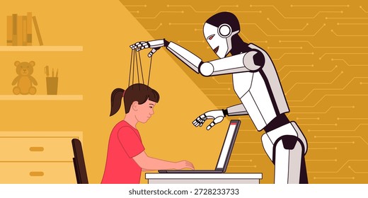 Robô de IA manipulando a mente de uma criança como um fantoche em uma corda, a menina está usando um laptop e interagindo com um chatbot de IA