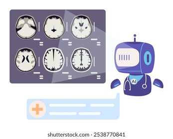 AI robô médico assistente de digitalização cérebro RM plana vetor ilustração isolado em branco.