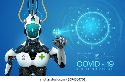 ai robot mediic with corona virus covid 19covid analysis outbreak on earth 3d style vector illustration
