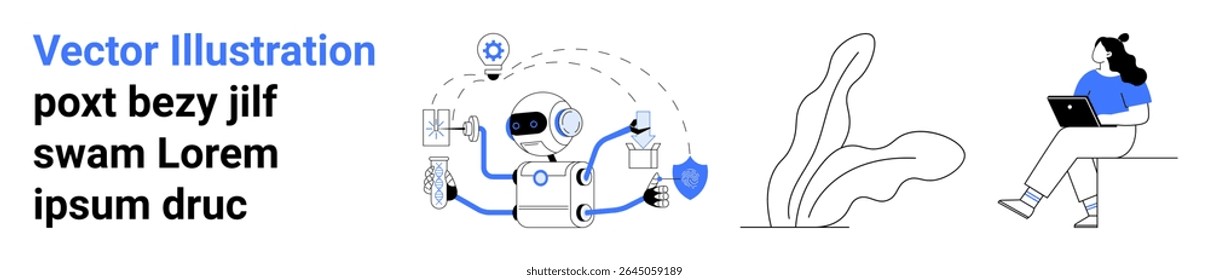 AI robot multitasking with chat bubble, percentage icon, shield, wrench person using laptop beside abstract plant. Ideal for technology, AI, remote work, productivity, cybersecurity, online tools