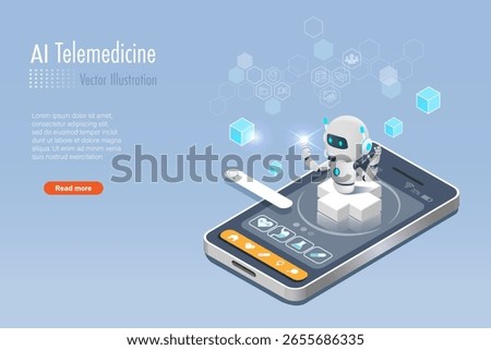AI robot on medical app service on smartphone.
Artificial intelligence technology in medical and healthcare, AI telemedicine, online consultation, manipulating patient data system. 3D vector.
