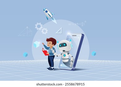 AI robot on smartphone assist student kid doing homework in cyberspace background. Artificial intelligence generates smart solution in research and development. Education innovation Technology. Vector