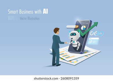 AI robot on smartphone handshake with businessman analyzing business growth graph chart data. Smart working with artificial intelligence technology to develop smart solution. 3D Vector.