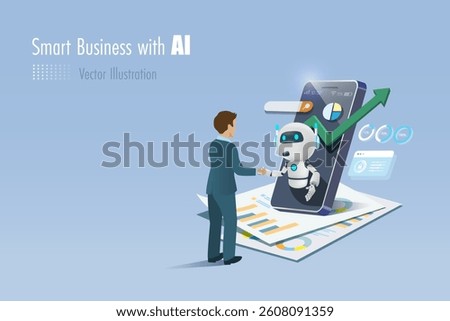 AI robot on smartphone handshake with businessman analyzing business growth graph chart data. Smart working with artificial intelligence technology to develop smart solution. 3D Vector.