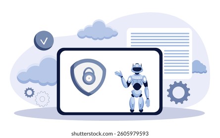 AI robot on a tablet screen with a cybersecurity lock shield icon, surrounded by cloud icons, gears, and digital document on abstract background. Vector illustration