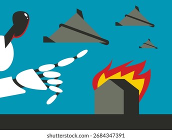 AI Robot Operator with Shahed Drone Control. Vector Illustration. Editable Flat Design.