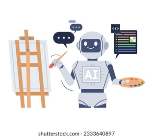 An AI robot is painting with a brush on an easel. Artificial intelligence painter concept illustration.