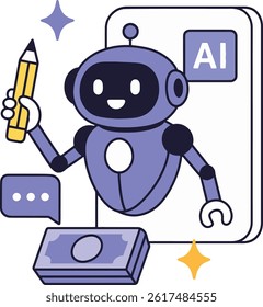 AI Robot with Pencil and Money, Vector Illustration.