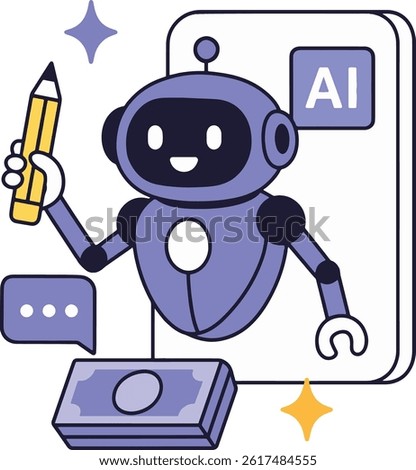 AI Robot with Pencil and Money, Vector Illustration.