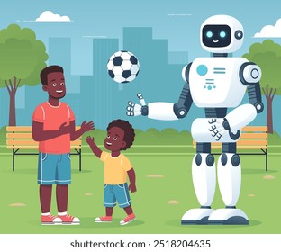 AI robot playing a ball game with black child and his father in urban park. Friendly ball game with artificial intelligence. Humans and AI technology in green city environment. Vector illustration.