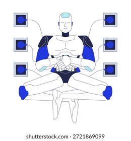 AI robot plugged to recharge from electricity 2D cartoon character. Robotic humanoid connected to power outlets flat vector personage isolated on white. Spot illustration colorful