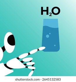 AI Robot point on drinking clean fresh water. Healthy hydration with pure water liquid. Character with glass. Flat vector illustration on white background.