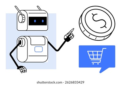 Robô AI apontando para a moeda com símbolo de dólar e bate-papo bolha com carrinho de compras. Ideal para comércio eletrônico, IA, compras on-line, moeda digital, inovação tecnológica, automação e crescimento dos negócios. Linha