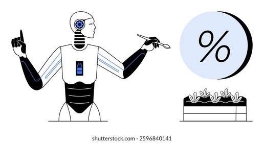 AI robot pointing and painting with a brush, abstract percentage sign, small plants growing in pot. Ideal for technology, gardening, art, education, finance, innovation, sustainability themes. Line