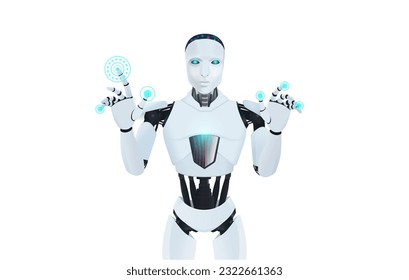 AI robot in posture controls something by standing and pressing a hologram button and screen in the air. Illustration about work of artificial intelligence concept.