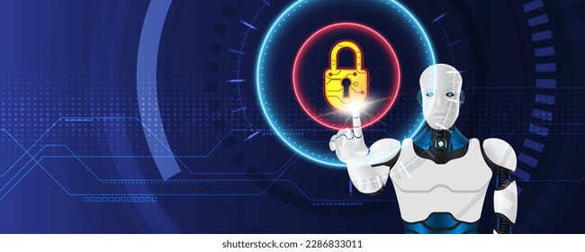 AI robot pressing padlock on technology background. Artificial intelligence AI, machine learning concept. Protection data security concept.