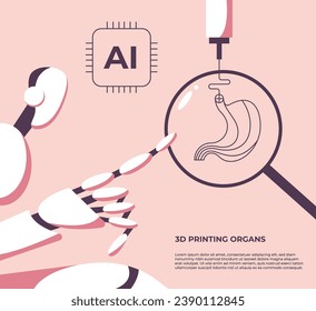 Un robot de IA imprime un modelo 3D de estómago humano. impresión 3D de órganos. Medicina del futuro. Ilustración vectorial plana en estilo de dibujos animados.