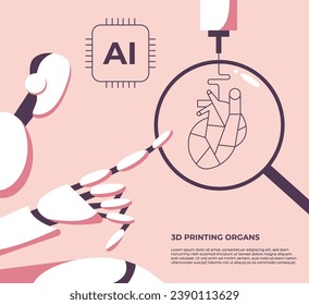 AI robot prints a 3D model of a human heart. 3D printing of organs. Medicine of the future. Flat vector illustration in cartoon style.