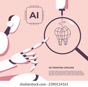 AI robot prints a 3D model of a human tooth. 3D printing of organs. Medicine of the future. Flat vector illustration in cartoon style.