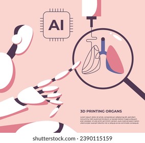 AI robot prints a 3D model of a human lungs. 3D printing of organs. Medicine of the future. Flat vector illustration in cartoon style.