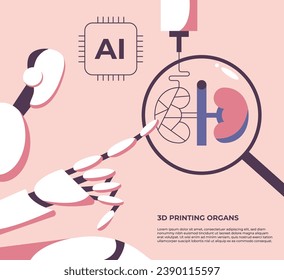 AI robot prints a 3D model of a human kidneys. 3D printing of organs. Medicine of the future. Flat vector illustration in cartoon style.