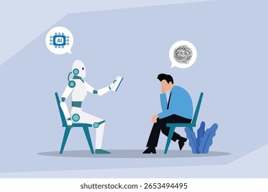 Robô AI Fornecendo Terapia de Saúde Mental e Apoio a Man 2d ilustrações vetoriais planas