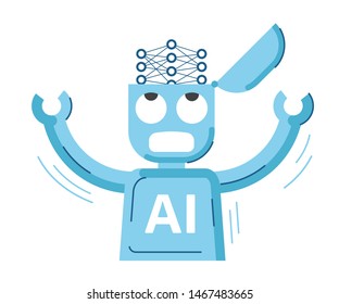 AI robot with raised hands and open head with artificial neural network inside like brain. Funny illustration of artificial intelligence or machine learning process. Vector illustration