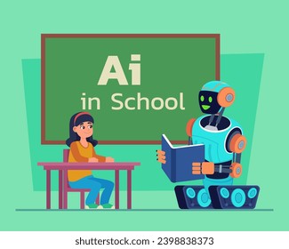 AI robot reading book to school girl in classroom. Vector illustration. Artificial intelligence in school, modern technology in education concept