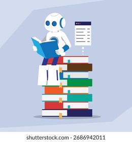 AI Robot Reading Books and Learning Data, Concept of Machine Learning and Knowledge Acquisition 2d flat vector illustration
